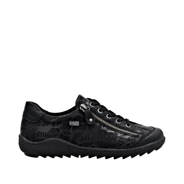Remonte R1402-00 women's black water-resistant lace-up shoes with zippers, wide fit, and textured synthetic upper.