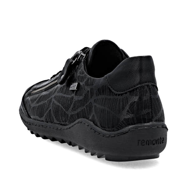 Remonte R1402-00 women's black water-resistant shoes with zipper and lace, wide fit, textured design, cushioned sole.