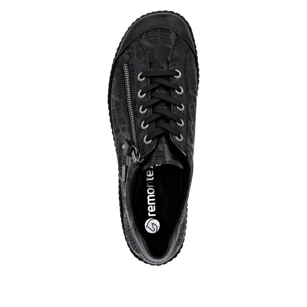 Remonte R1402-00 ladies wide black water-resistant shoes with zip and lace closure, patterned design, and stylish durability.