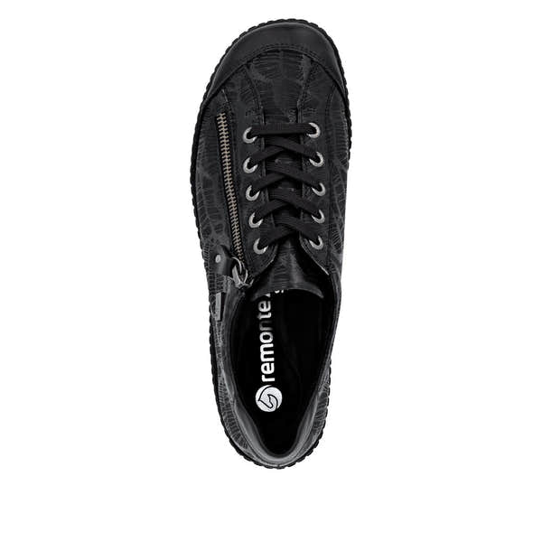 Remonte R1402-00 ladies wide black water-resistant shoes with zip and lace closure, patterned design, and stylish durability.