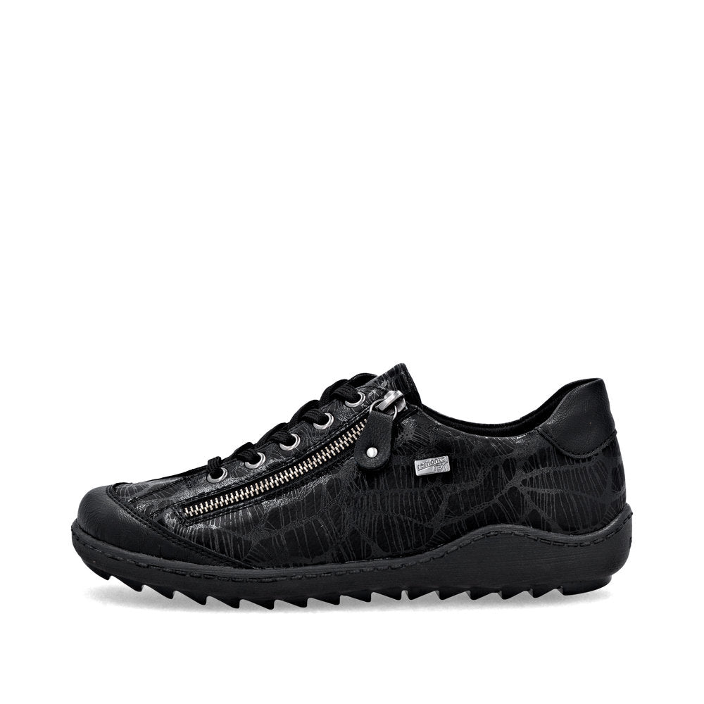 Remonte R1402-00 women's black water-resistant lace-up shoes with zipper, wide fit, and textured sole.