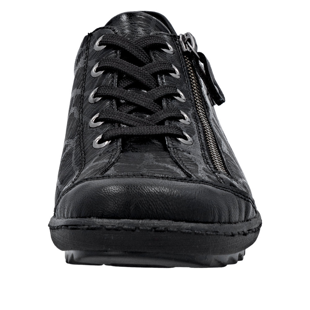 Remonte R1402-00 women's black water-resistant sneakers with zip and lace closure, cushioned sole, and stylish design.