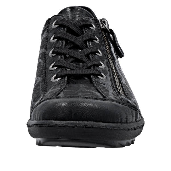 Remonte R1402-00 women's black water-resistant sneakers with zip and lace closure, cushioned sole, and stylish design.