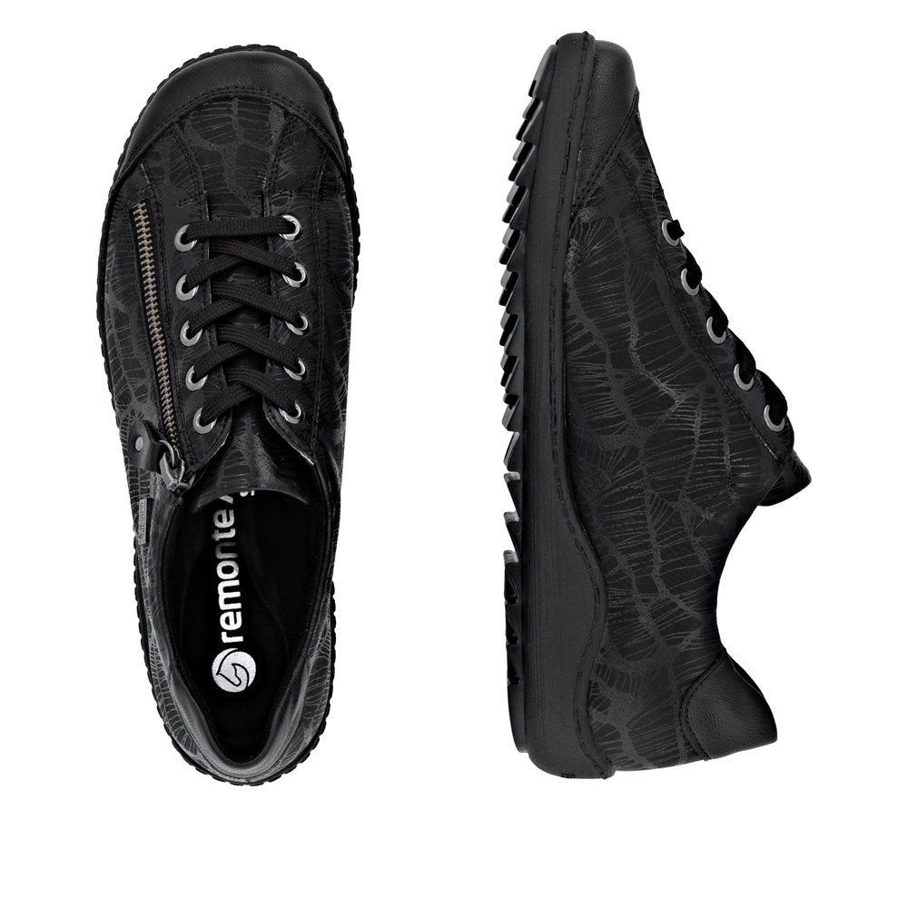 Black Remonte R1402-00 women's water-resistant sneakers with zip and lace closure, wide fit, and textured sole.