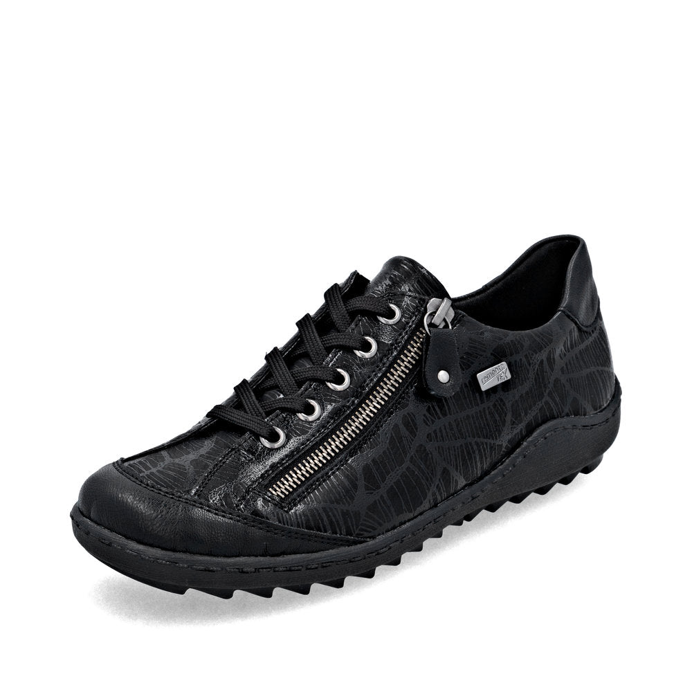 Remonte ladies black water-resistant shoes with zipper and lace-up closure, featuring a textured pattern and durable sole.