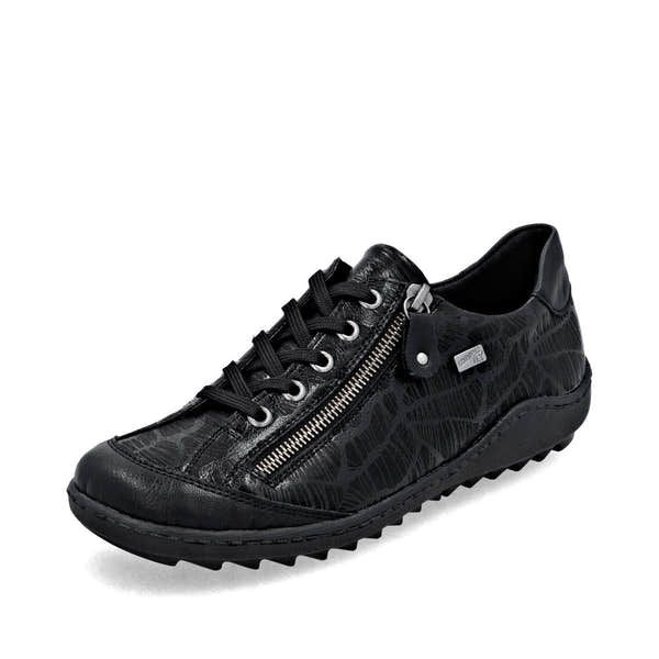 Remonte ladies black water-resistant shoes with zipper and lace-up closure, featuring a textured pattern and durable sole.