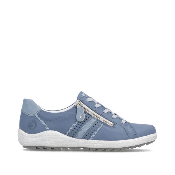 Blue leather women's wide-fit sneakers with zippers, laces, perforations, and white soles.