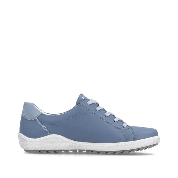 Blue leather women's sneaker with lace-up and zipper detail, white sole, and wide fit style.