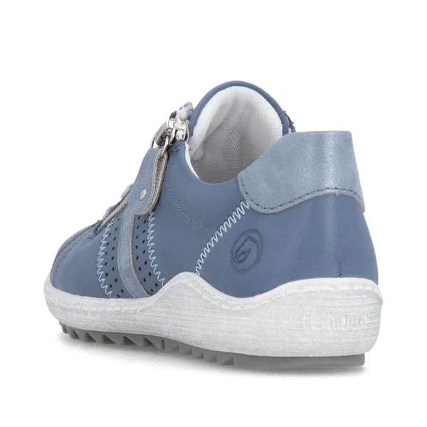 Blue leather women's sneaker with zip and lace, wide fit, white sole, and suede accents.