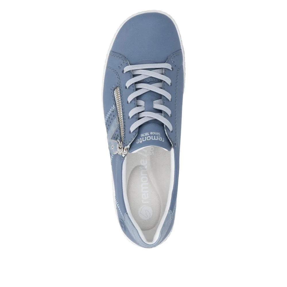 Blue leather women's sneaker with white laces, side zipper, and mesh detailing, featuring a white sole and branding inside.