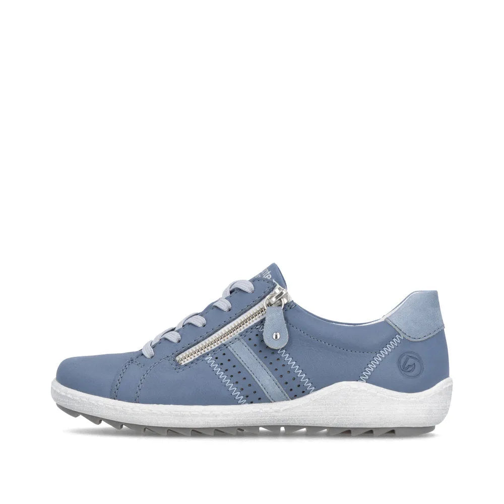 Blue leather ladies' wide-fit shoes with zipper, laces, perforated details, and white sole.