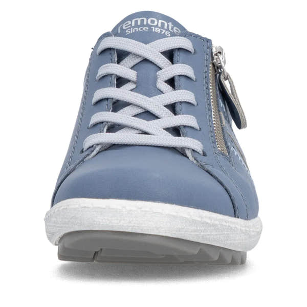 Blue leather women's wide-fit sneaker with white laces, side zipper, and casual style.