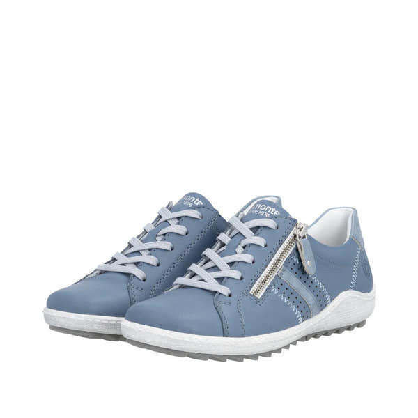 Blue leather women's sneakers with laces, side zipper, and white sole.