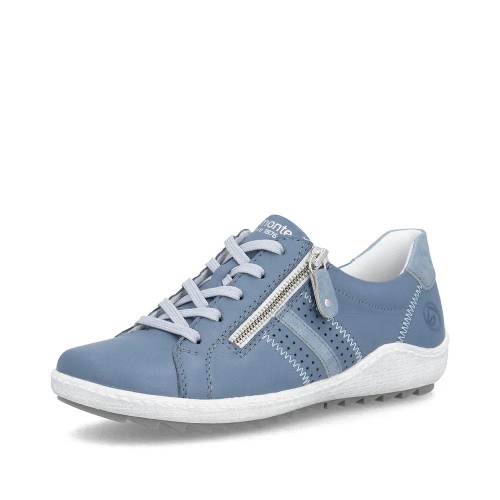 Blue leather ladies' sporty sneakers with laces, side zipper, and white sole. Wide fit, stylish and comfortable design.