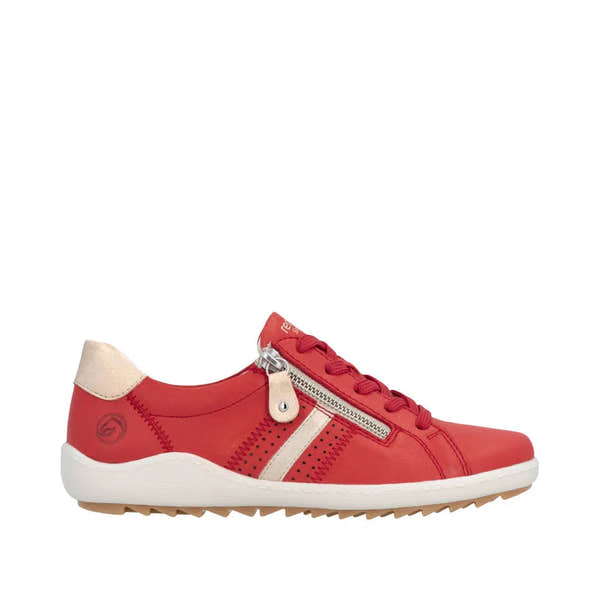 Red leather ladies' casual shoe with lace-up, side zipper, beige heel detail, white sole, and decorative stitching.