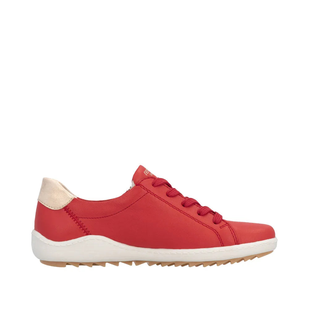 Red leather ladies' shoes with zip and lace, beige heel detail, white sole, casual style.