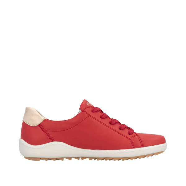 Red leather ladies' shoes with zip and lace, beige heel detail, white sole, casual style.