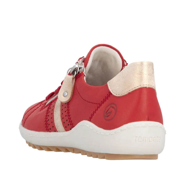 Red leather ladies' shoes with lace-up, zipper detail, beige accents, cushioned collar, and white rubber sole.