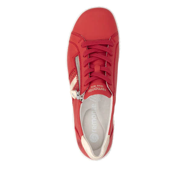 Red leather women's sneaker with lace-up front, silver zipper detail, and white sole, branded "Remonte R1432-34."
