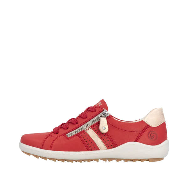 Red leather ladies' shoe with zip and lace, beige accents, perforations, and a white sole.