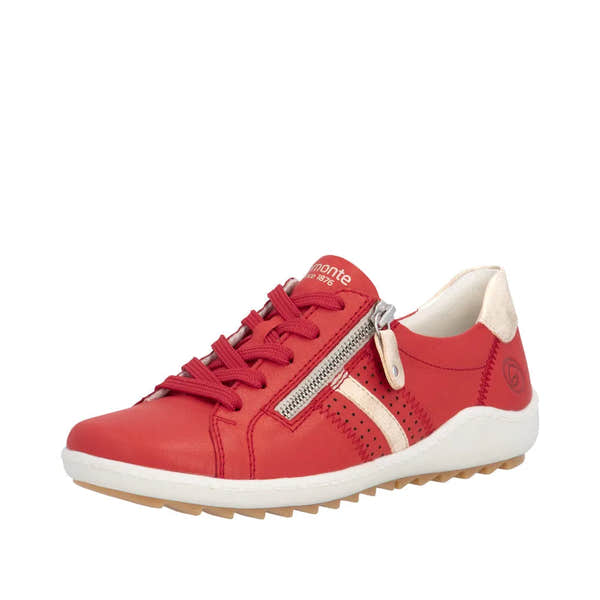 Red leather women's sneaker with lace-up, side zipper, off-white accents, and white sole with tan tread.