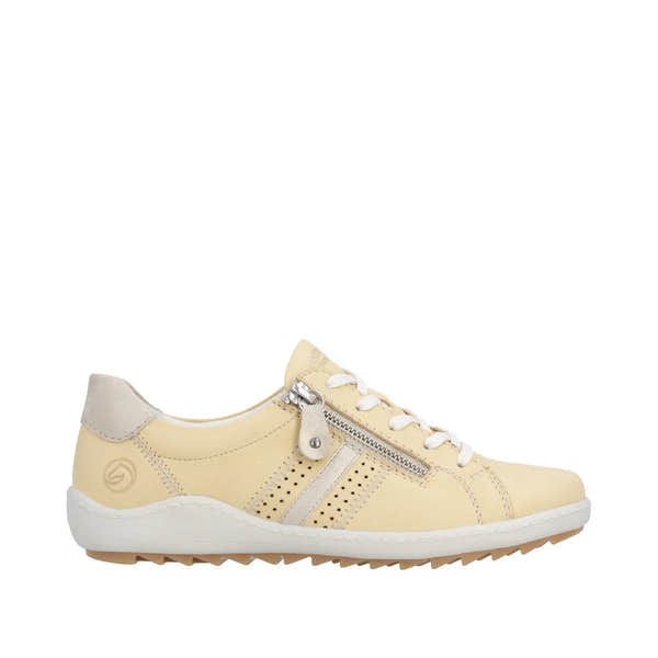 Remonte R1432-69 women's yellow leather sneakers with zip, lace-up front, and perforated detailing.
