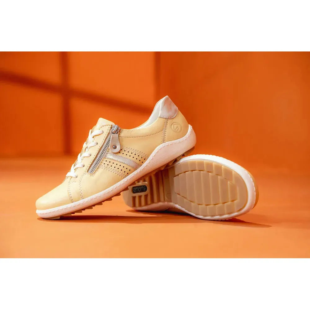 Remonte R1432-69 women's yellow leather sneakers with zip and lace closure, white sole, stylish and comfortable footwear.