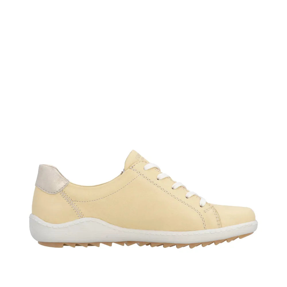 Remonte R1432-69 women's yellow leather casual sneaker with zip and lace-up closure, white and beige accents.