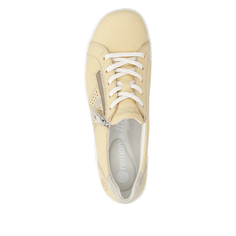Remonte R1432-69 women's yellow leather shoes with lace-up front and side zipper, stylish and comfortable footwear.