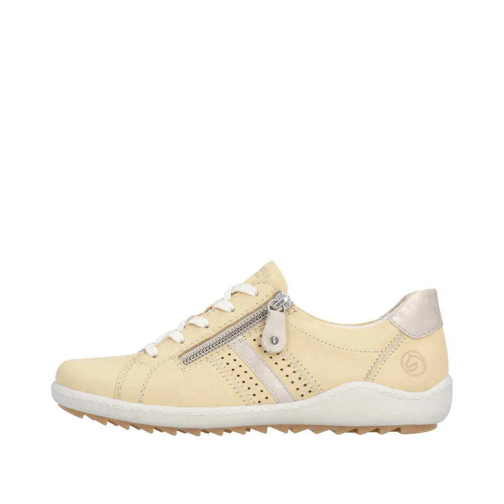 Remonte R1432-69 women's yellow leather sneakers with zip, lace-up front, and sporty sole.