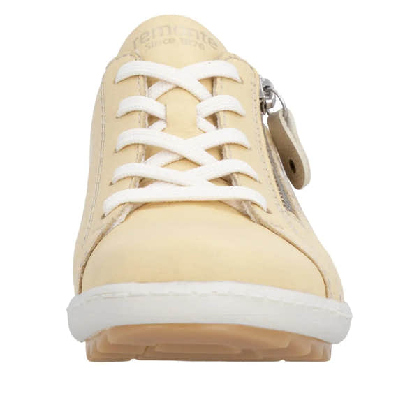 Remonte R1432-69 women's yellow leather lace-up and zipper shoes with white soles and accents.