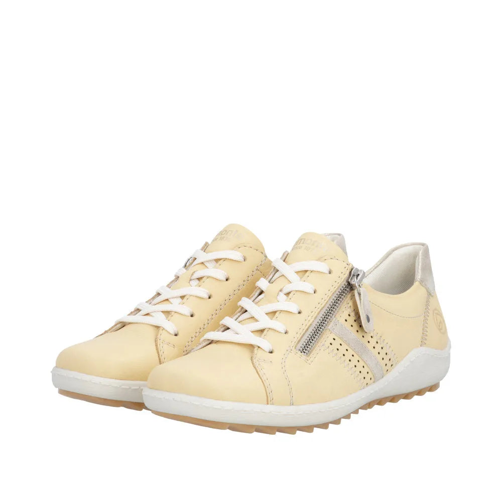 Remonte R1432-69 women's yellow leather casual sneakers with lace-up and side zipper, comfortable white sole.