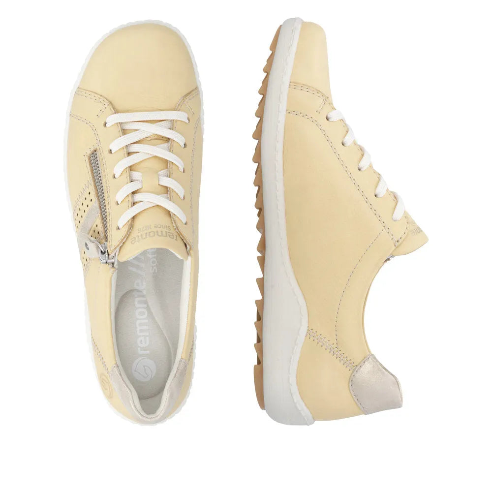 Remonte R1432-69 women's yellow leather lace-up shoes with side zipper and ridged sole.