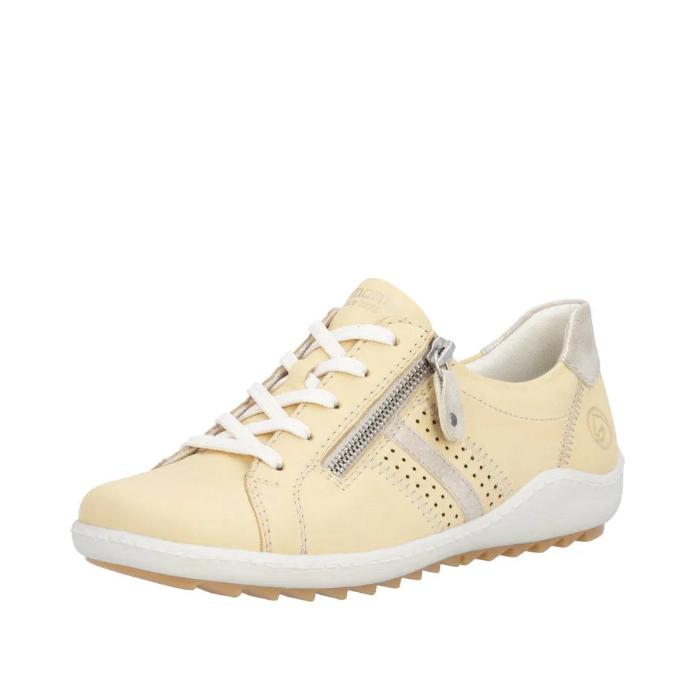 Remonte R1432-69 women's yellow leather casual sneakers with lace-up front, side zipper, perforated design, and white sole.