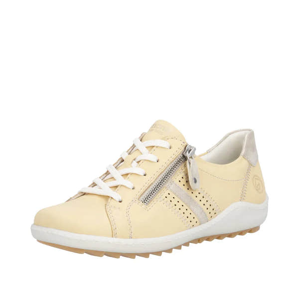 Remonte R1432-69 women's yellow leather casual sneakers with lace-up front, side zipper, perforated design, and white sole.