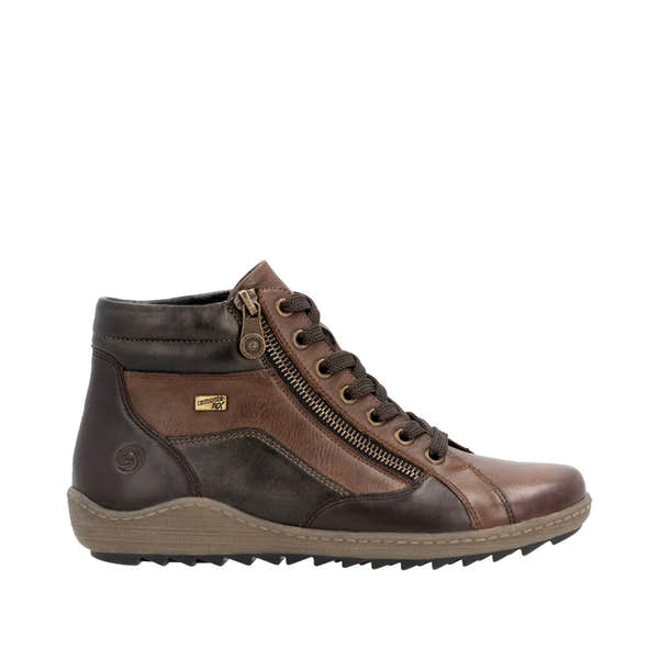 Remonte R1458-22 women's brown water-resistant ankle boots with zip and lace-up closure.