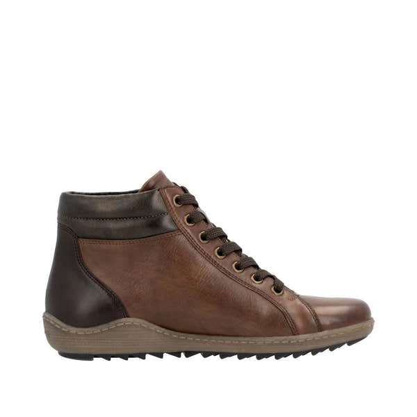 Remonte R1458-22 women's brown water-resistant ankle boots with zip and lace-up design, cushioned sole, and rugged outsole.