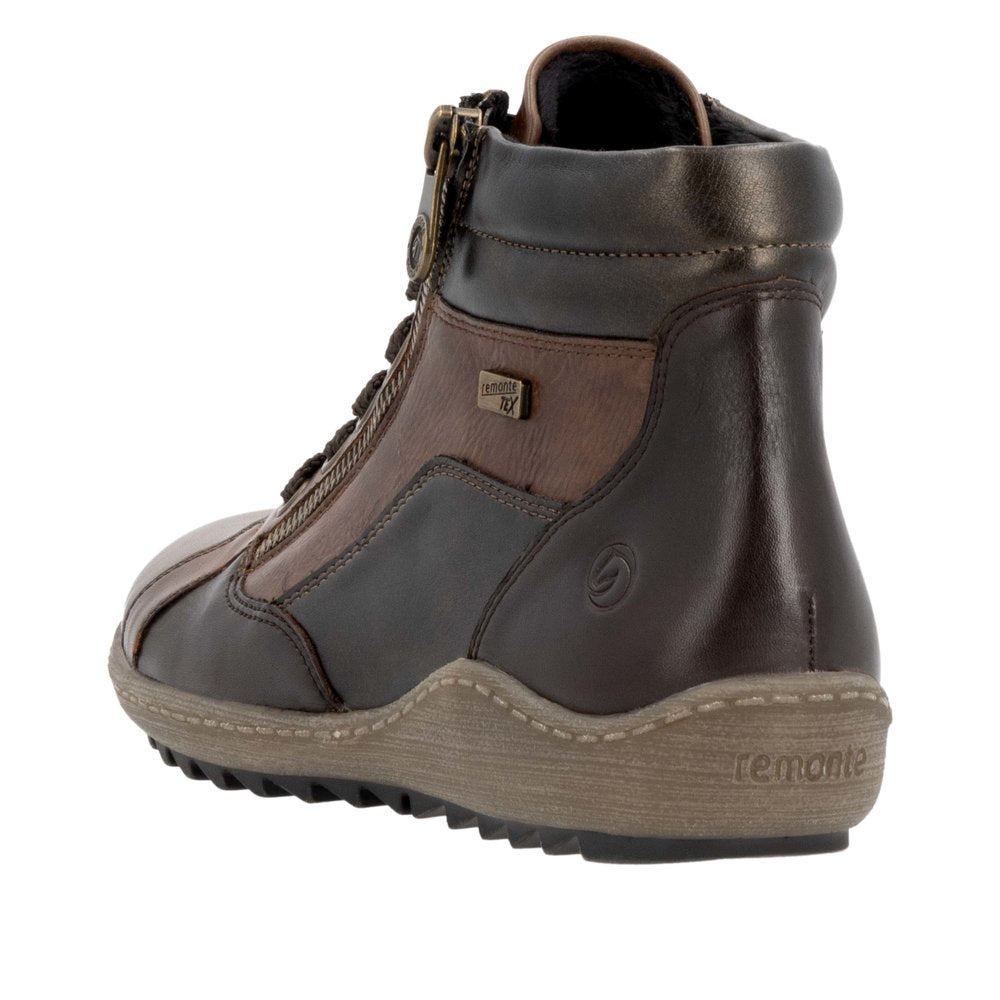 Remonte R1458-22 women's wide brown water-resistant ankle boots with zip and lace closure, rugged sole, and stylish design.