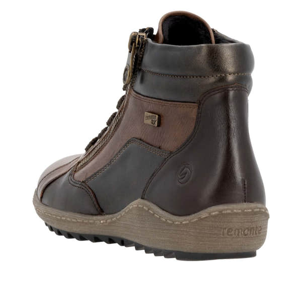 Remonte R1458-22 women's wide brown water-resistant ankle boots with zip and lace closure, rugged sole, and stylish design.