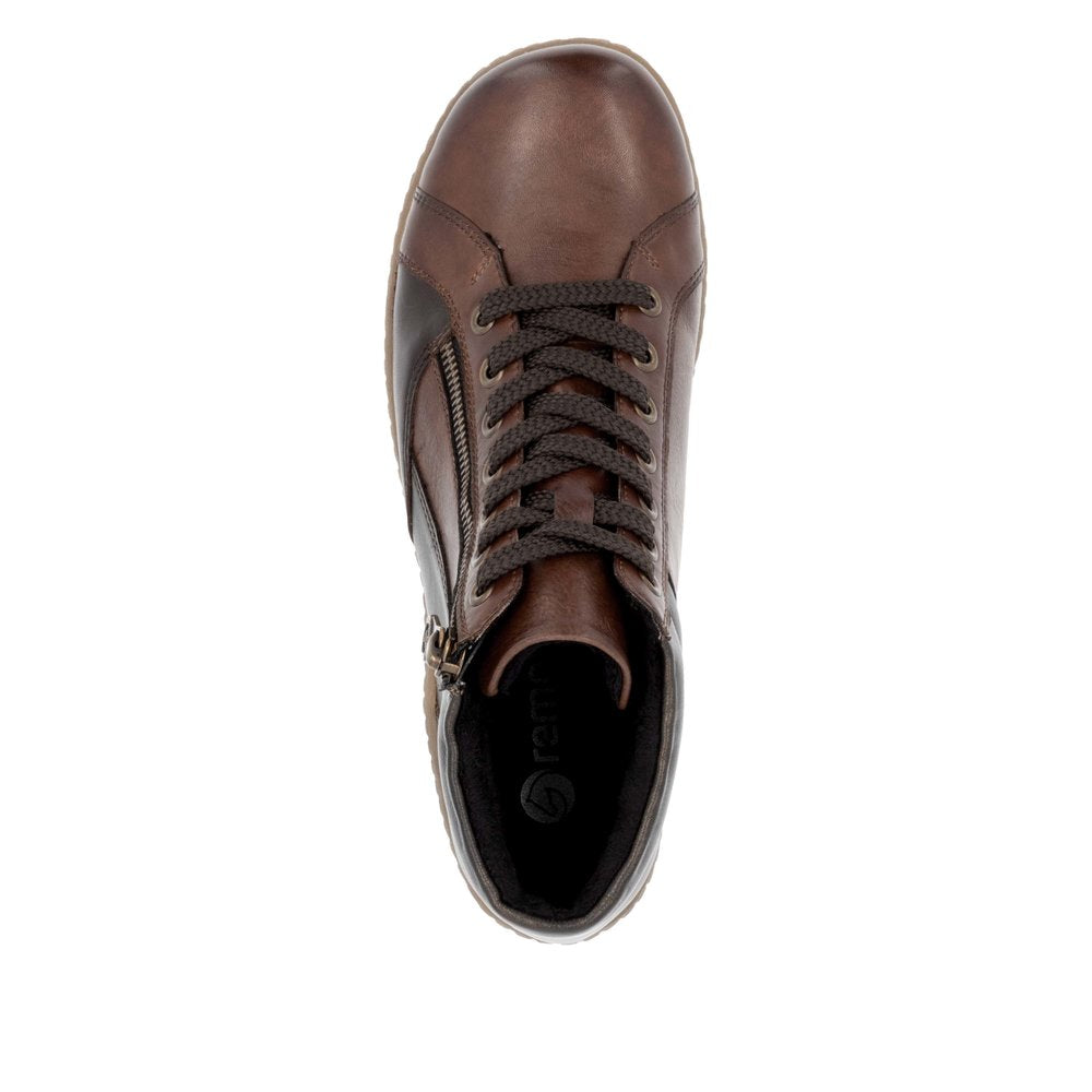 Remonte R1458-22 women's wide brown water-resistant ankle boots with zip and lace-up closure.