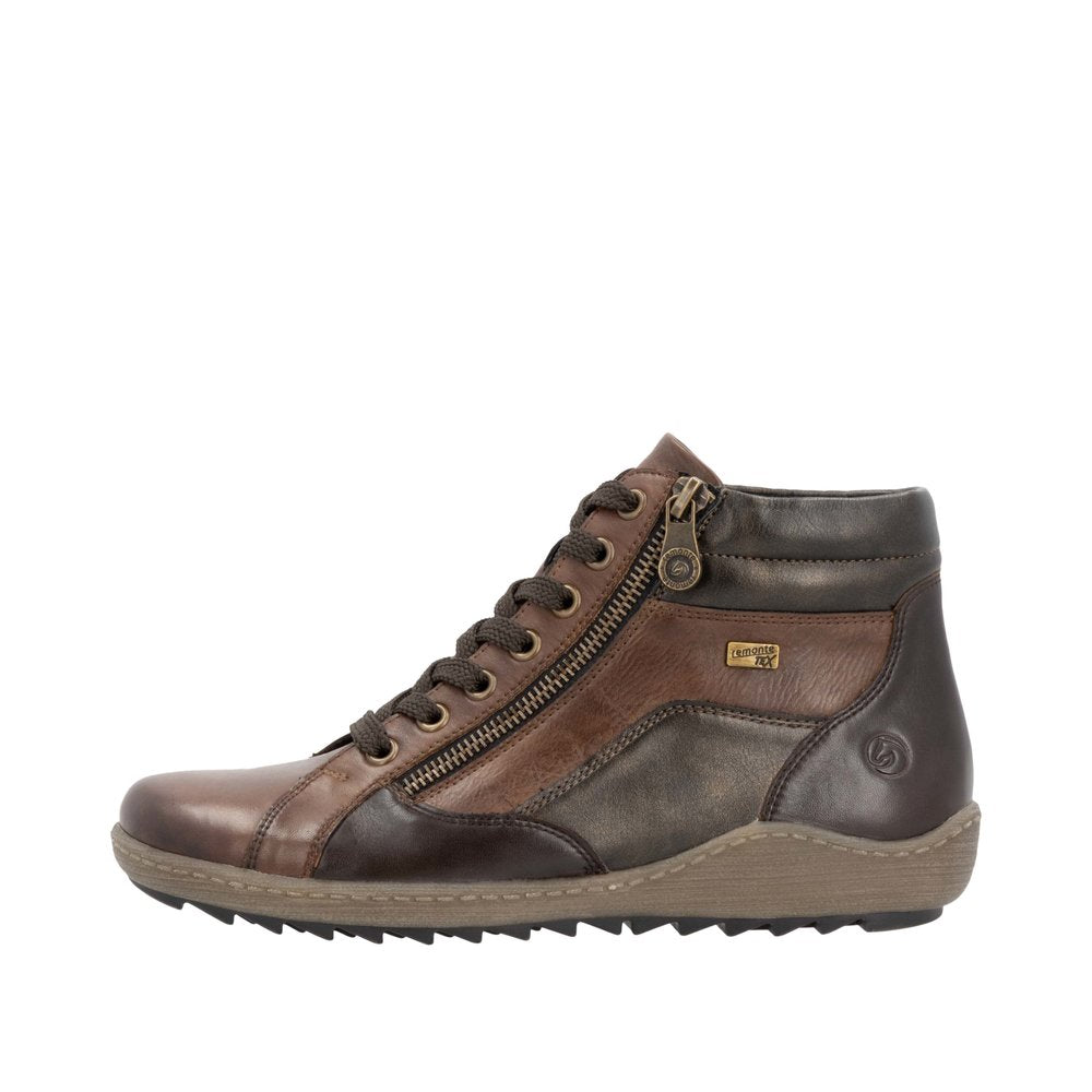 Remonte R1458-22 women's waterproof brown ankle boots with zipper, laces, and cushioned sole for casual wear.