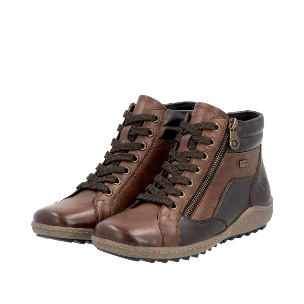 Remonte R1458-22 women's brown water-resistant ankle boots with zip and lace-up closure, padded collar, and rugged sole.