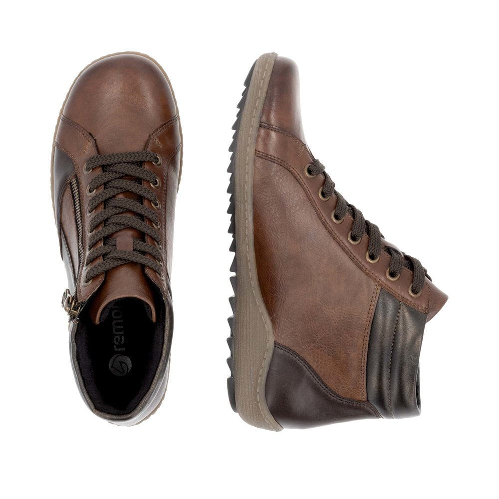 Remonte R1458-22 women's wide-fit brown water-resistant ankle boots with lace and zipper closure, rugged sole for outdoor wear.
