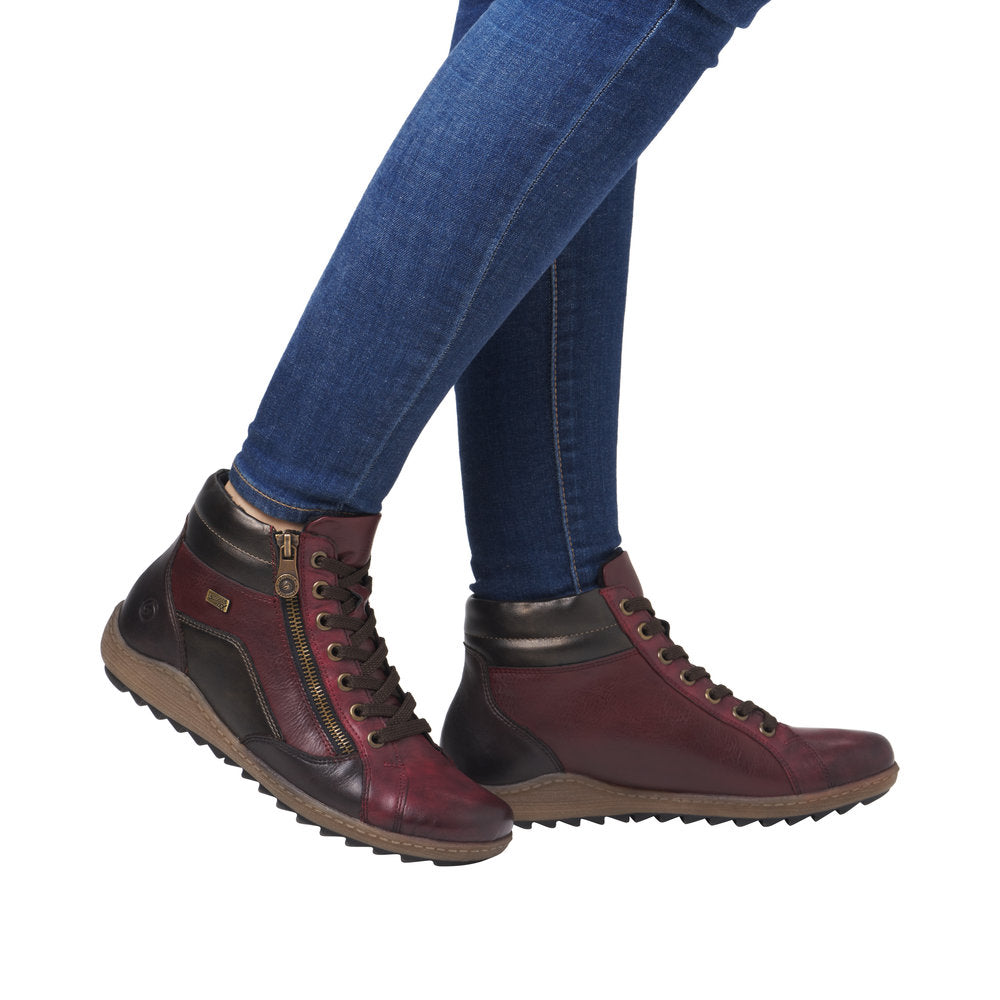 Remonte R1458-35 women's wide-fit brown water-resistant zip and lace ankle boots with contrast leather details.