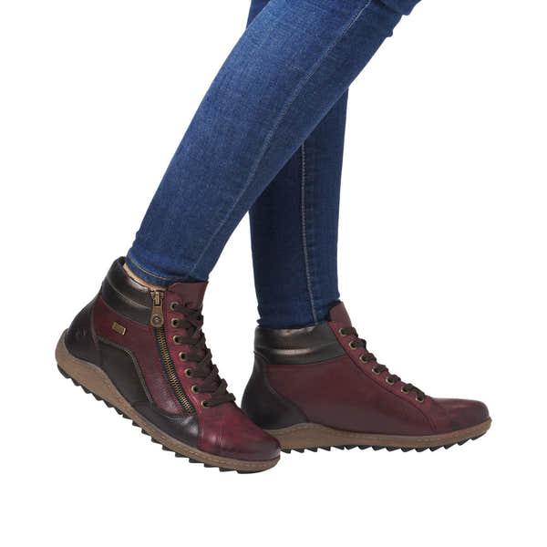 Remonte R1458-35 women's wide-fit brown water-resistant zip and lace ankle boots with contrast leather details.