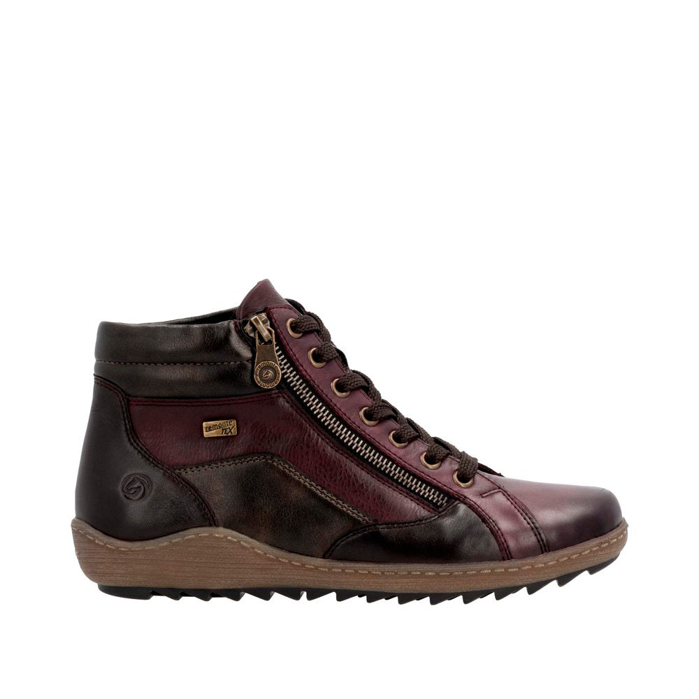 Remonte R1458-35 women's wide-fit water-resistant brown ankle boots with zip and lace closure, rugged sole.