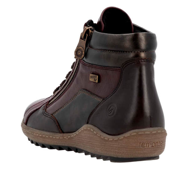 Remonte R1458-35 women's wide brown waterproof ankle boots with zip, lace-up, and slip-resistant sole.