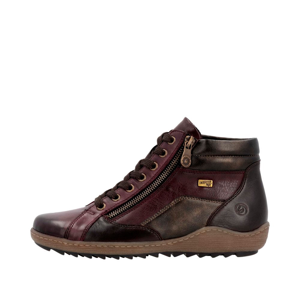 Remonte R1458-35 women's wide-fit brown water-resistant ankle boots with zip, lace-up, and rugged sole.