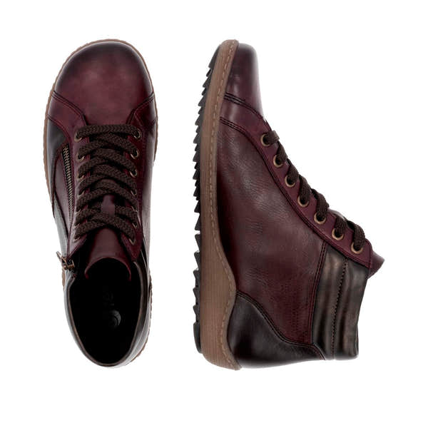 Remonte R1458-35 women's wide-fit brown water-resistant ankle boots with zipper and lace-up closure, rugged sole.