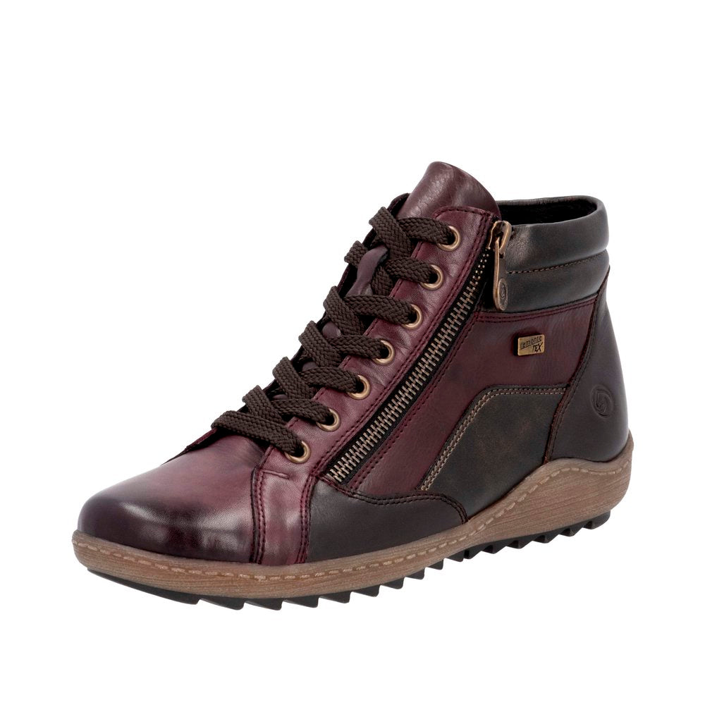 Remonte R1458-35 women's wide fit brown water-resistant ankle boots with zip and lace-up closure, low heel, and rugged sole.